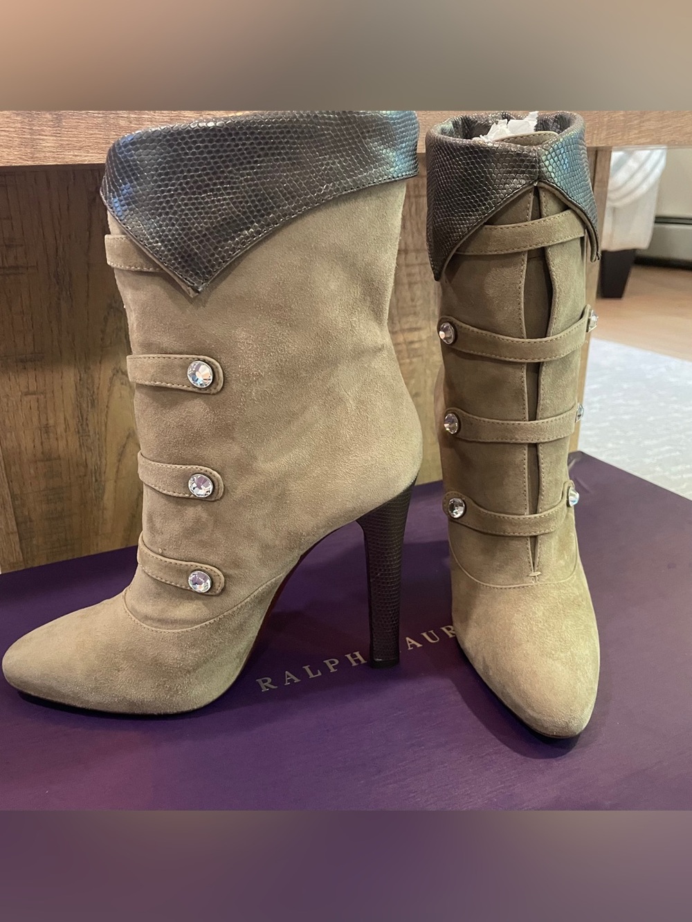 Ralph Lauren Stacie Taupe Suede Crystal High Heel Boots  Made in Italy NIB